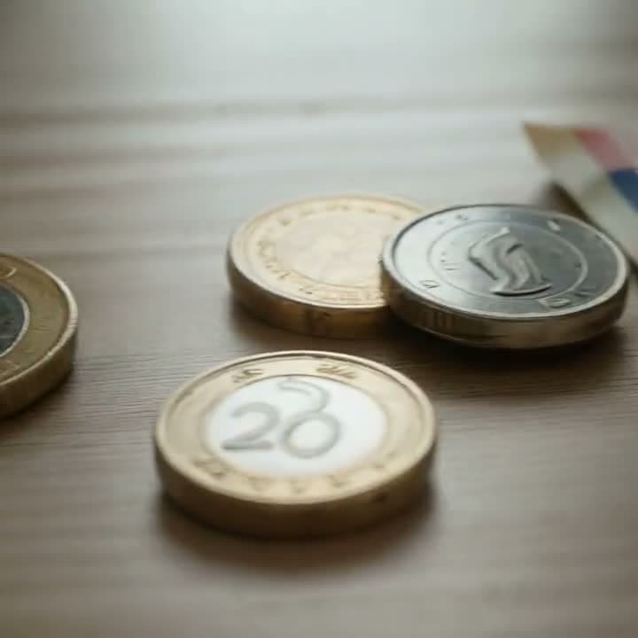 Einzelne Münzen auf einem Holztisch