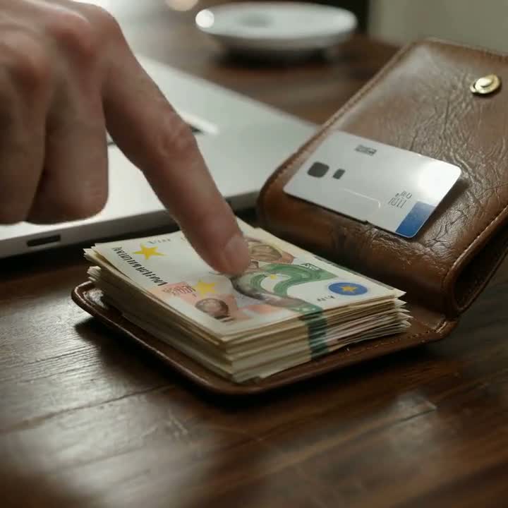 Geöffnete Geldbörse mit Scheinen neben einem Laptop