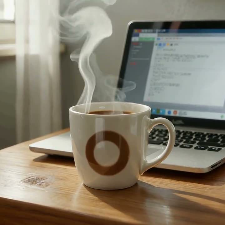 Dampfende Tasse Kaffee vor einem aufgeklappten Laptop