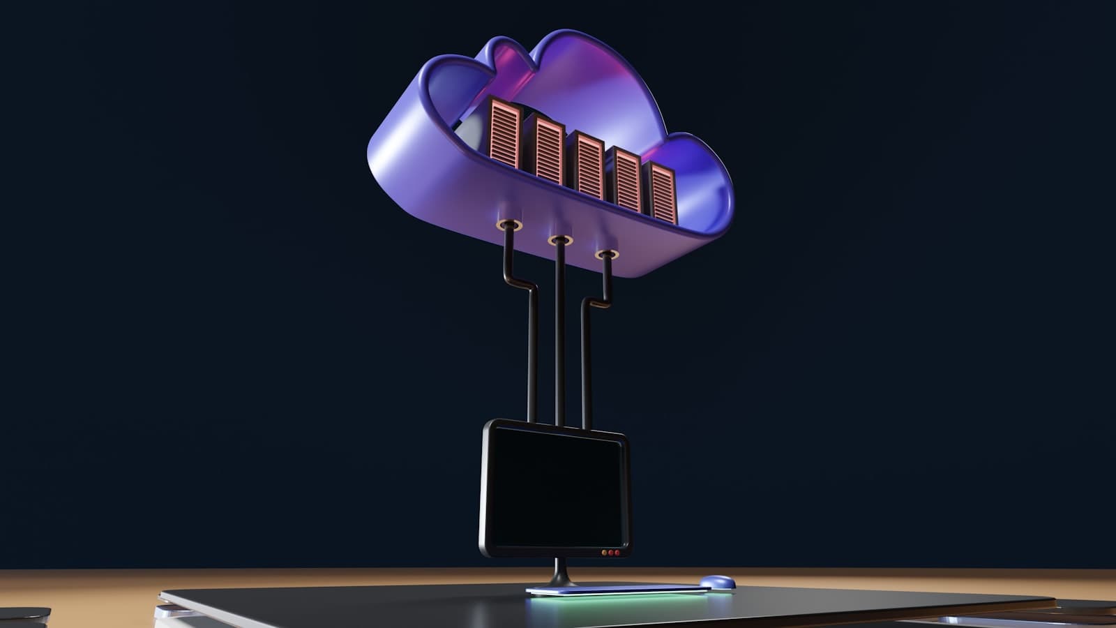 Rechner mit violettem Licht unter einem Wolkensymbol