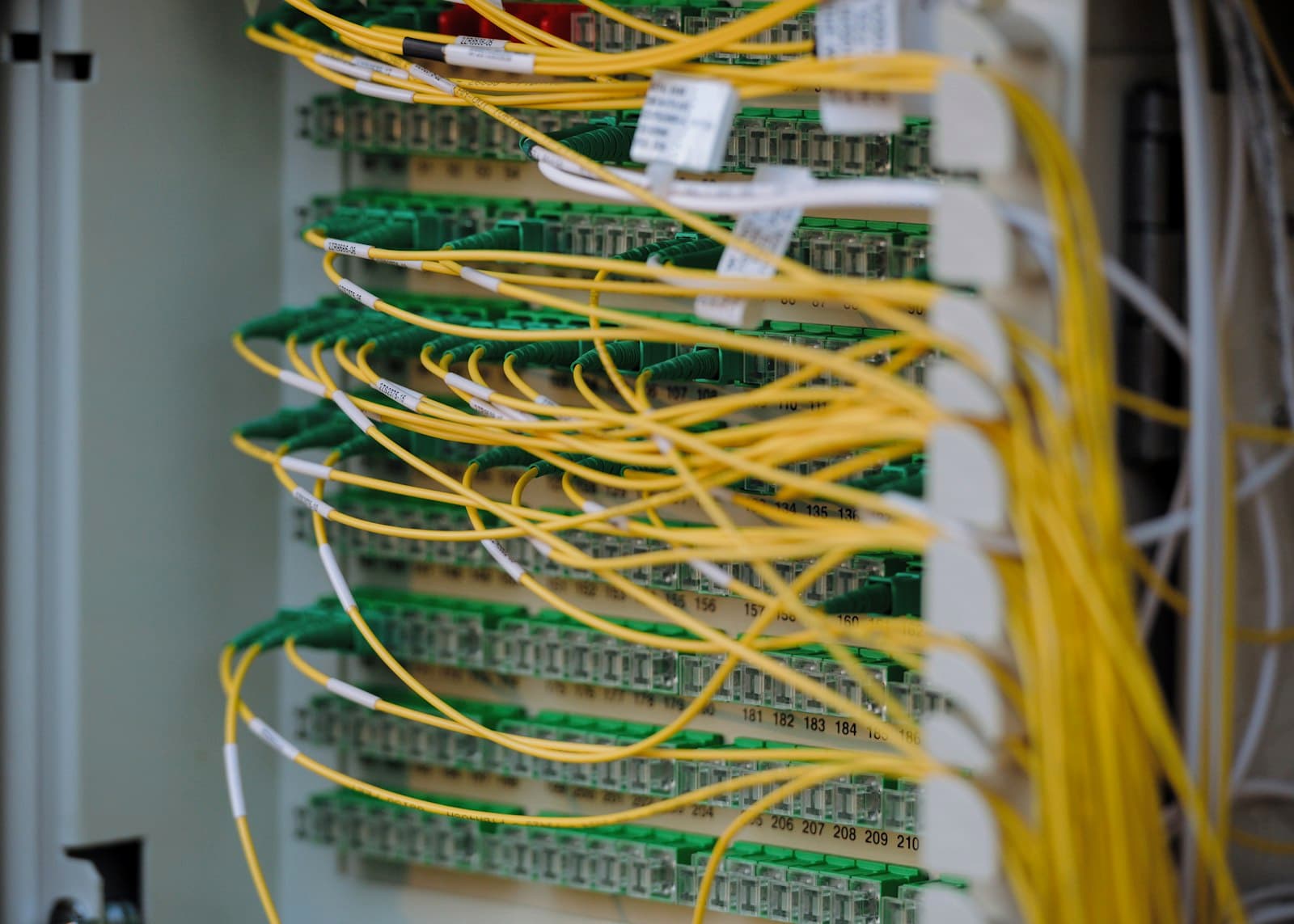 Sauber verlegte gelbe Netzwerkkabel im Serverschrank