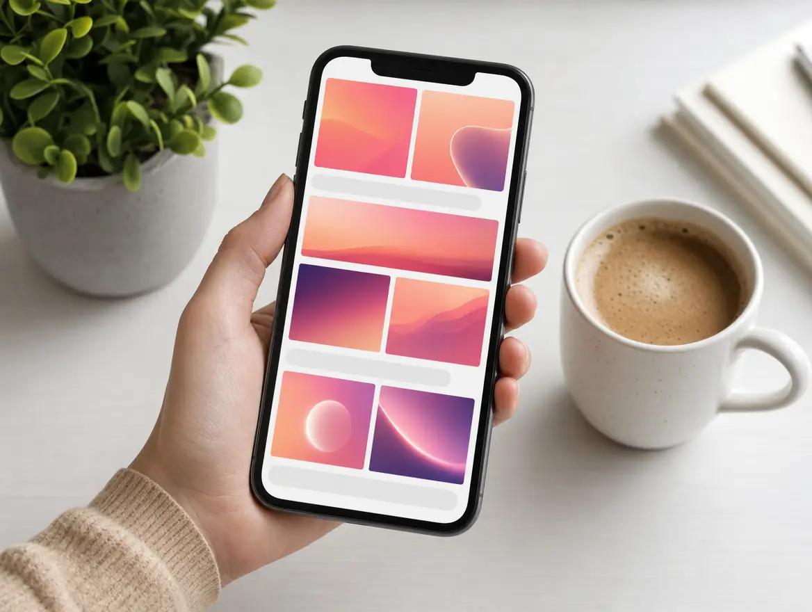 Hand hält ein Smartphone mit einem bunten Bilderraster