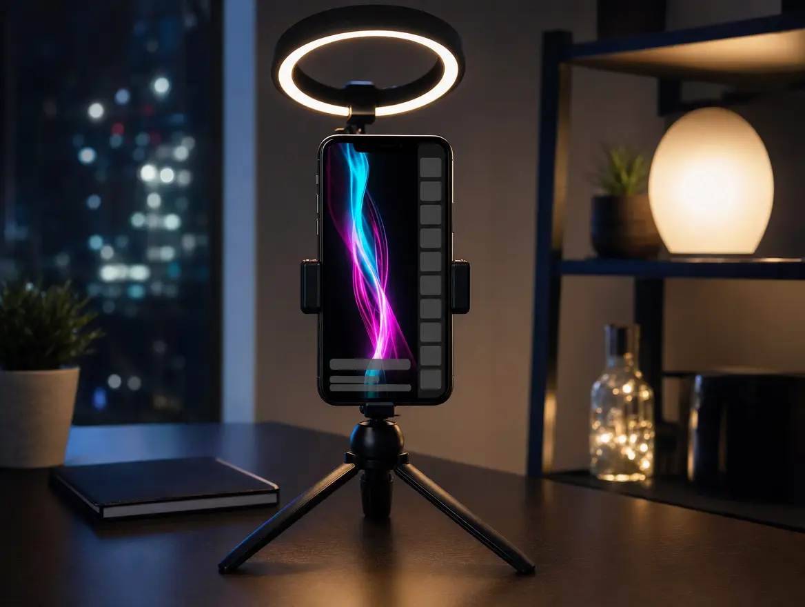 Smartphone in einem Ringlicht-Aufbau auf einem dunklen Tisch