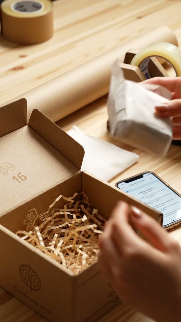Versandkarton wird gepackt, daneben ein Handy mit einer Bestellübersicht