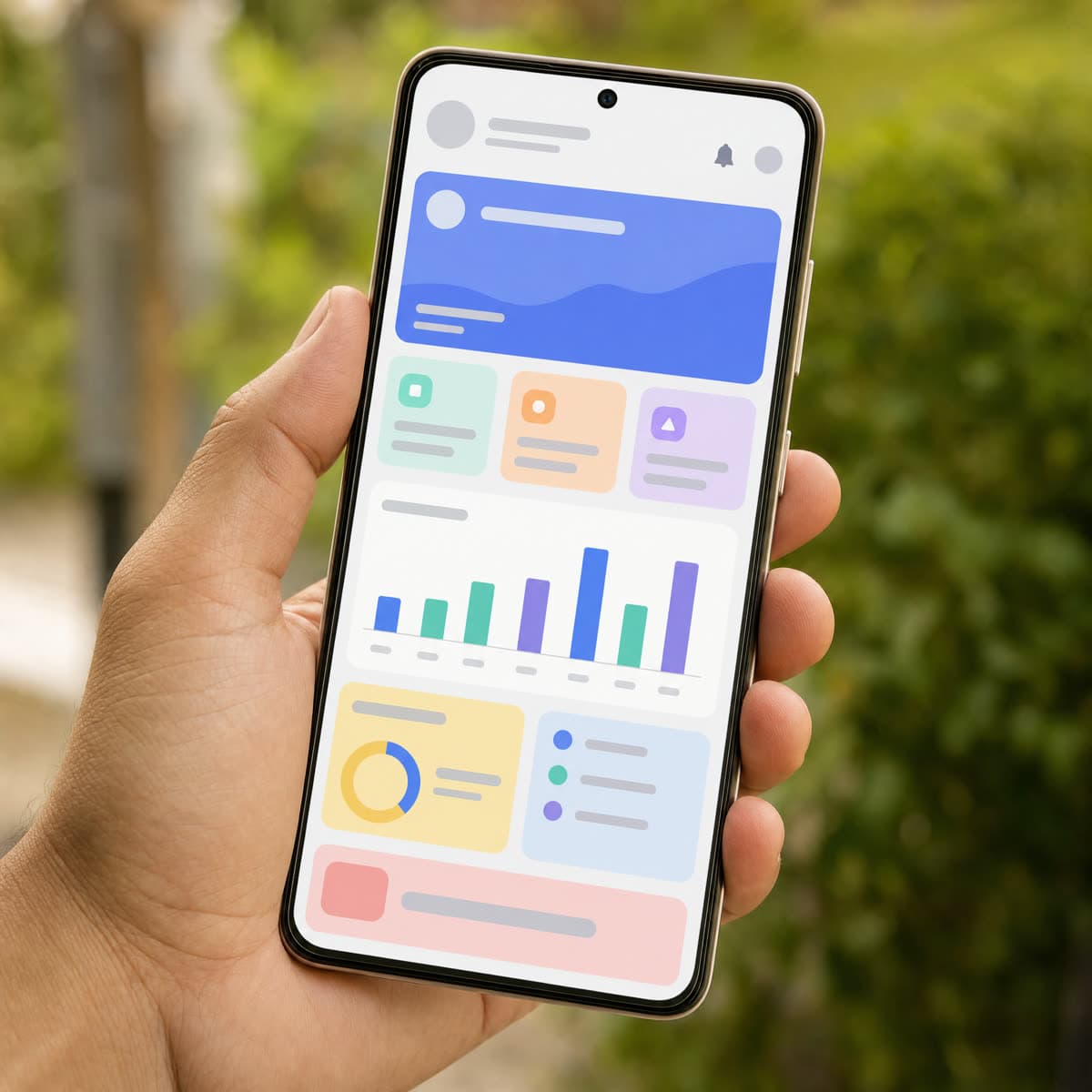 Hand hält ein Android-Smartphone mit einer App-Übersicht
