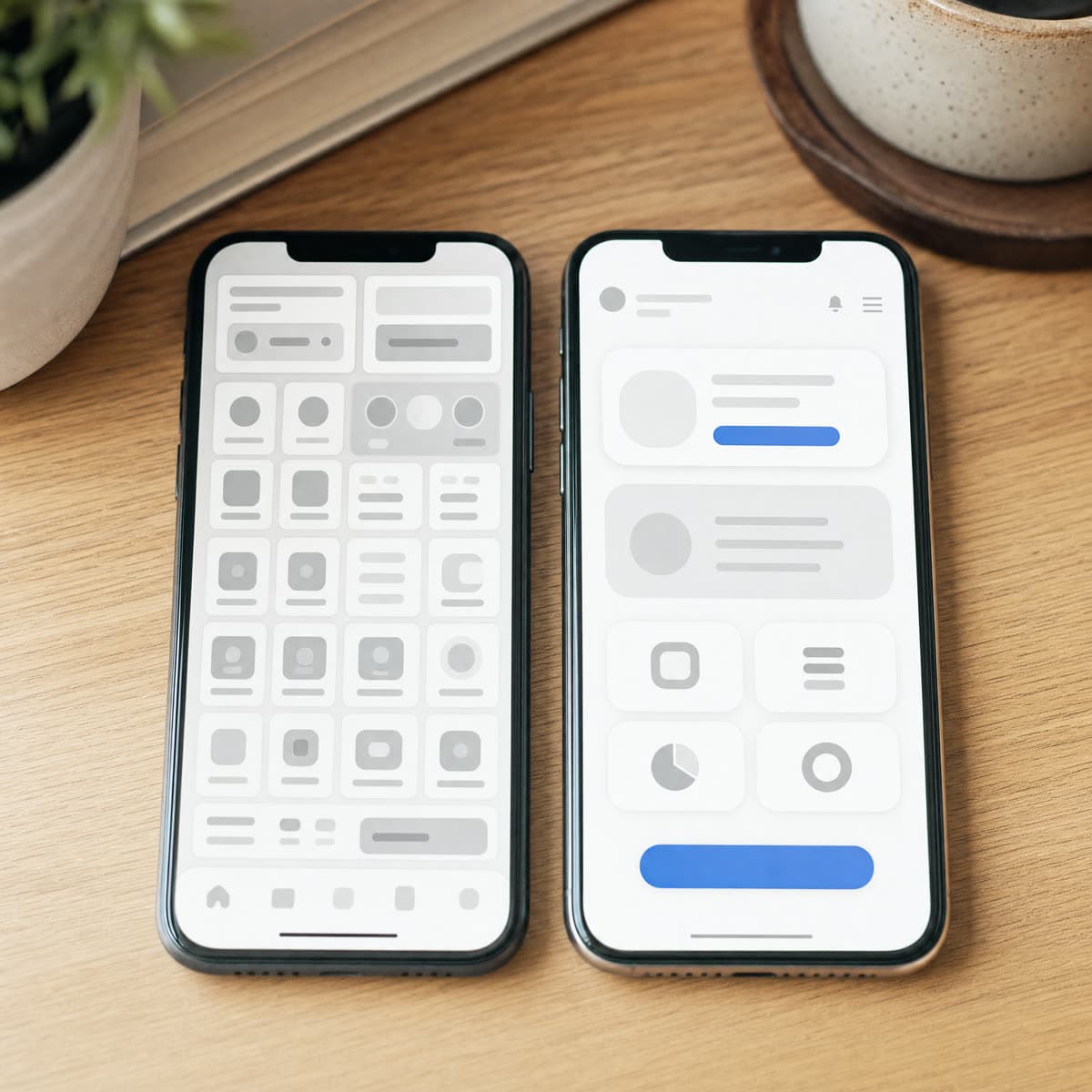Zwei Smartphones mit alter und neuer Fassung derselben App