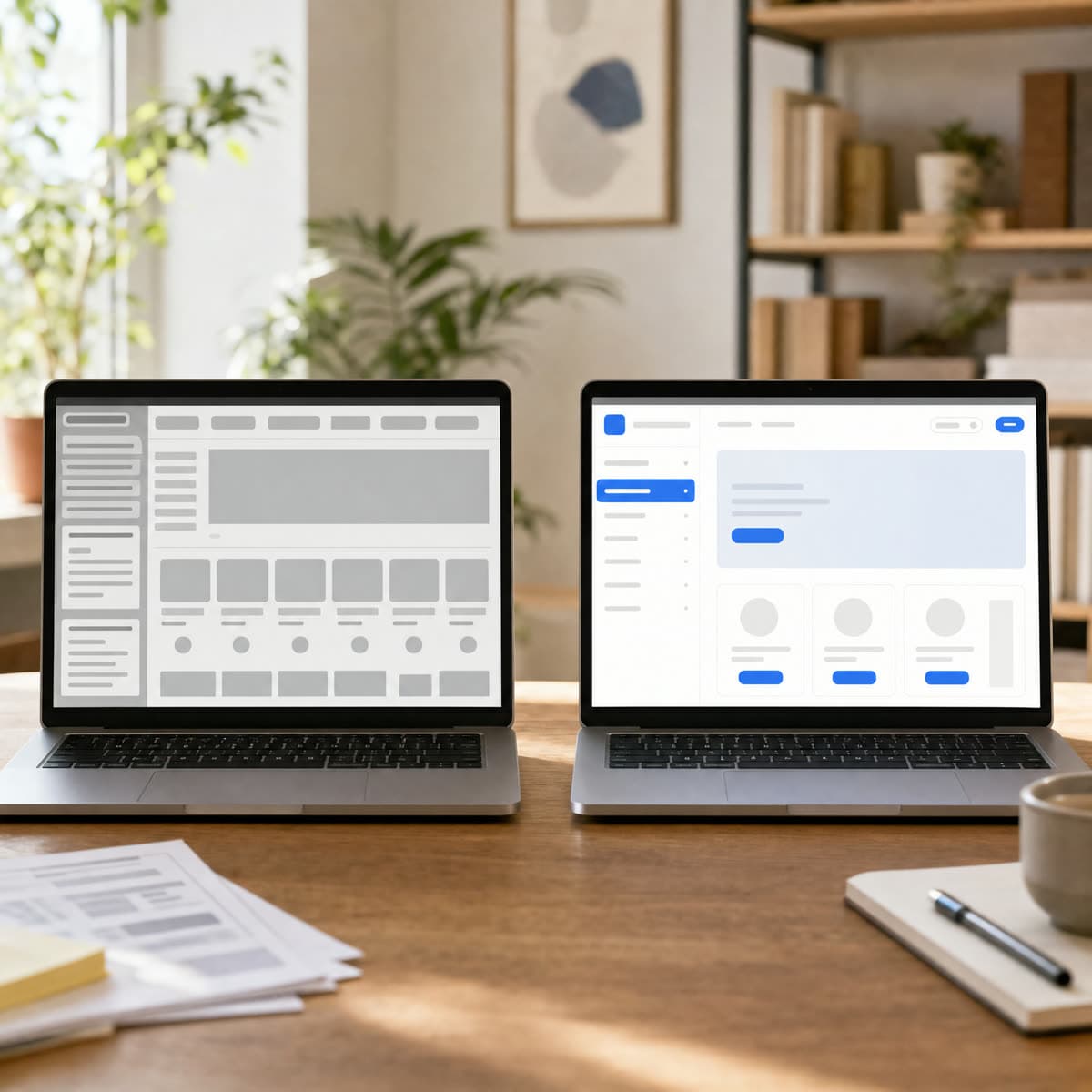 Zwei Laptops mit alter und neuer Fassung eines Shops