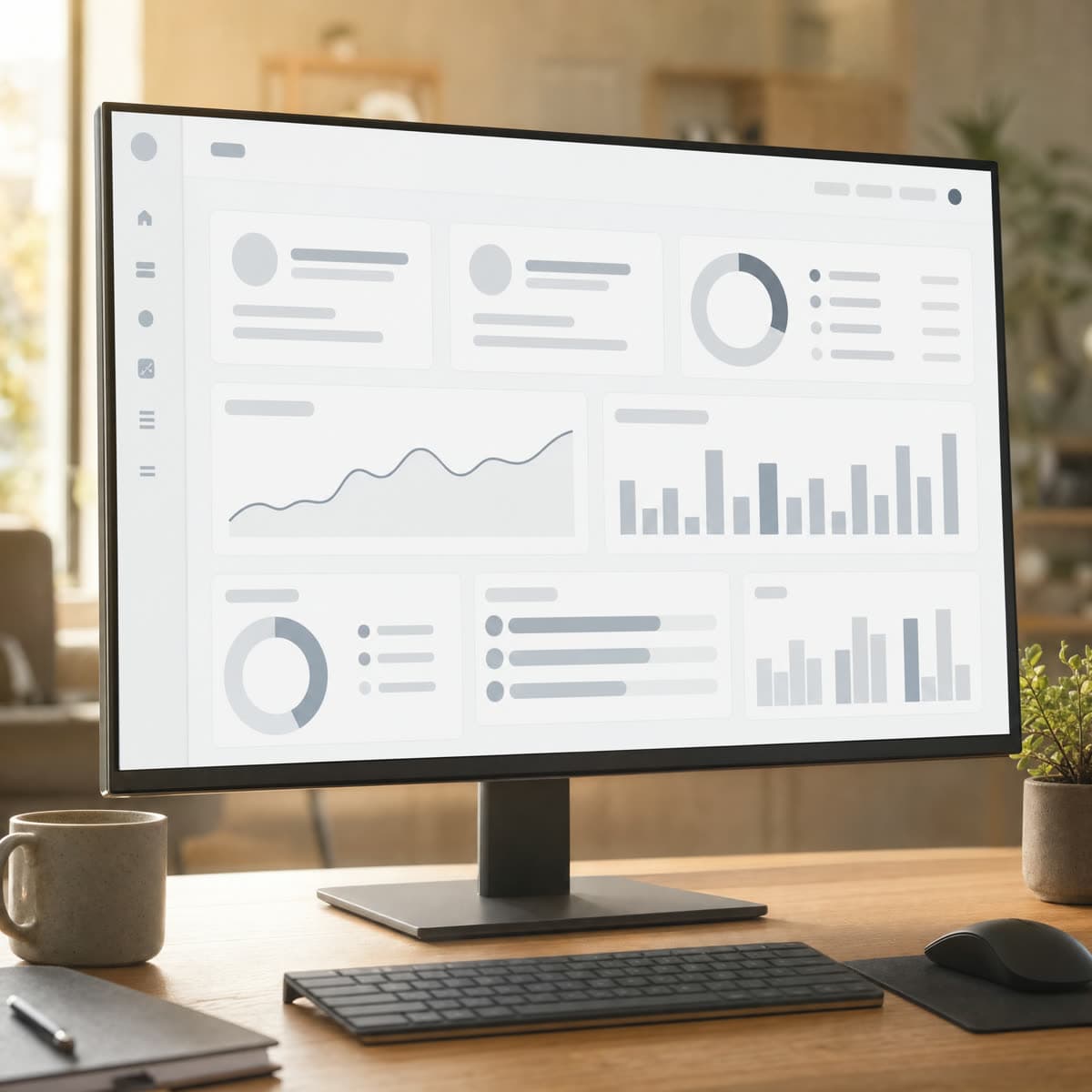 Bildschirm mit Diagrammen und Kennzahlen nebeneinander