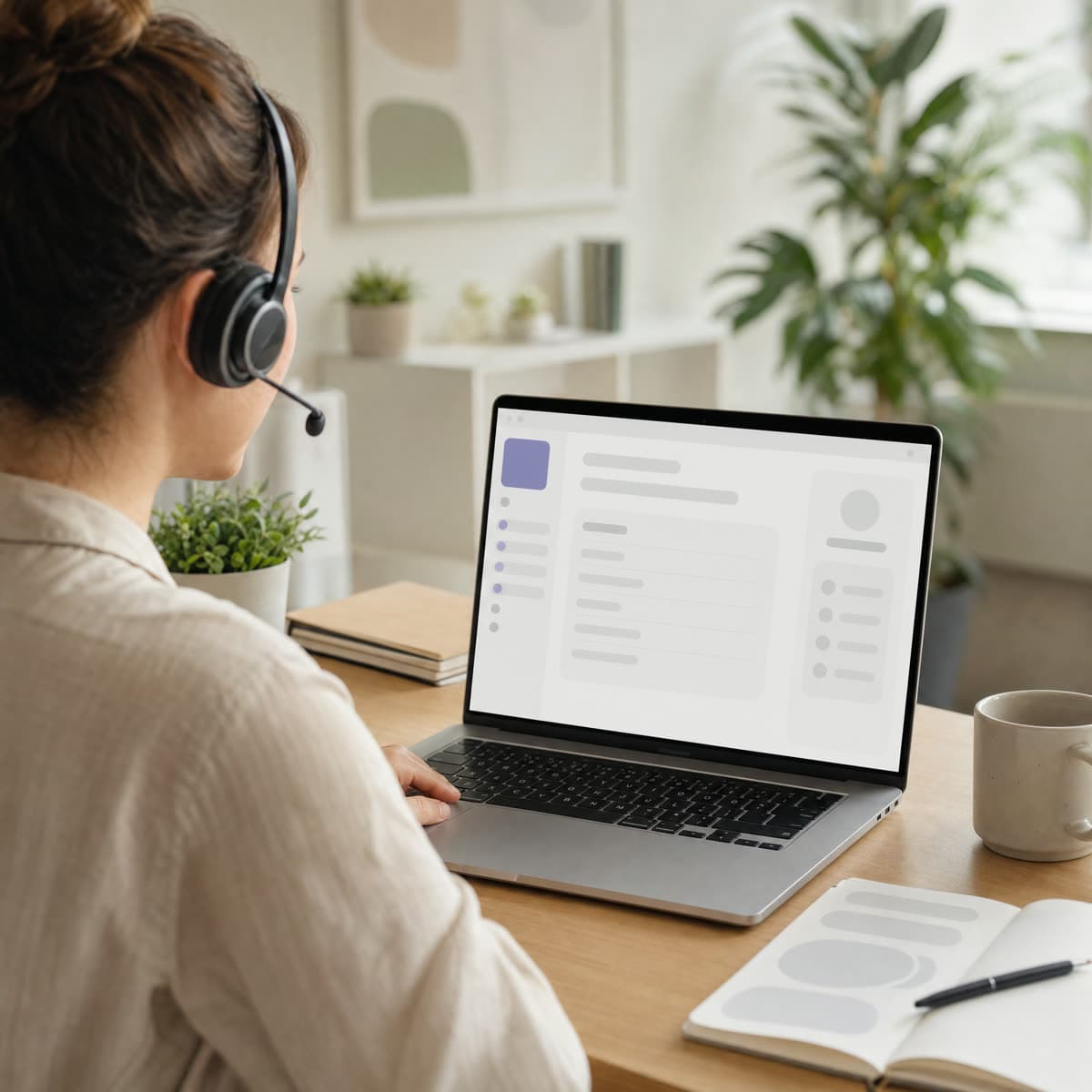 Person mit Headset an einem Schreibtisch mit Laptop
