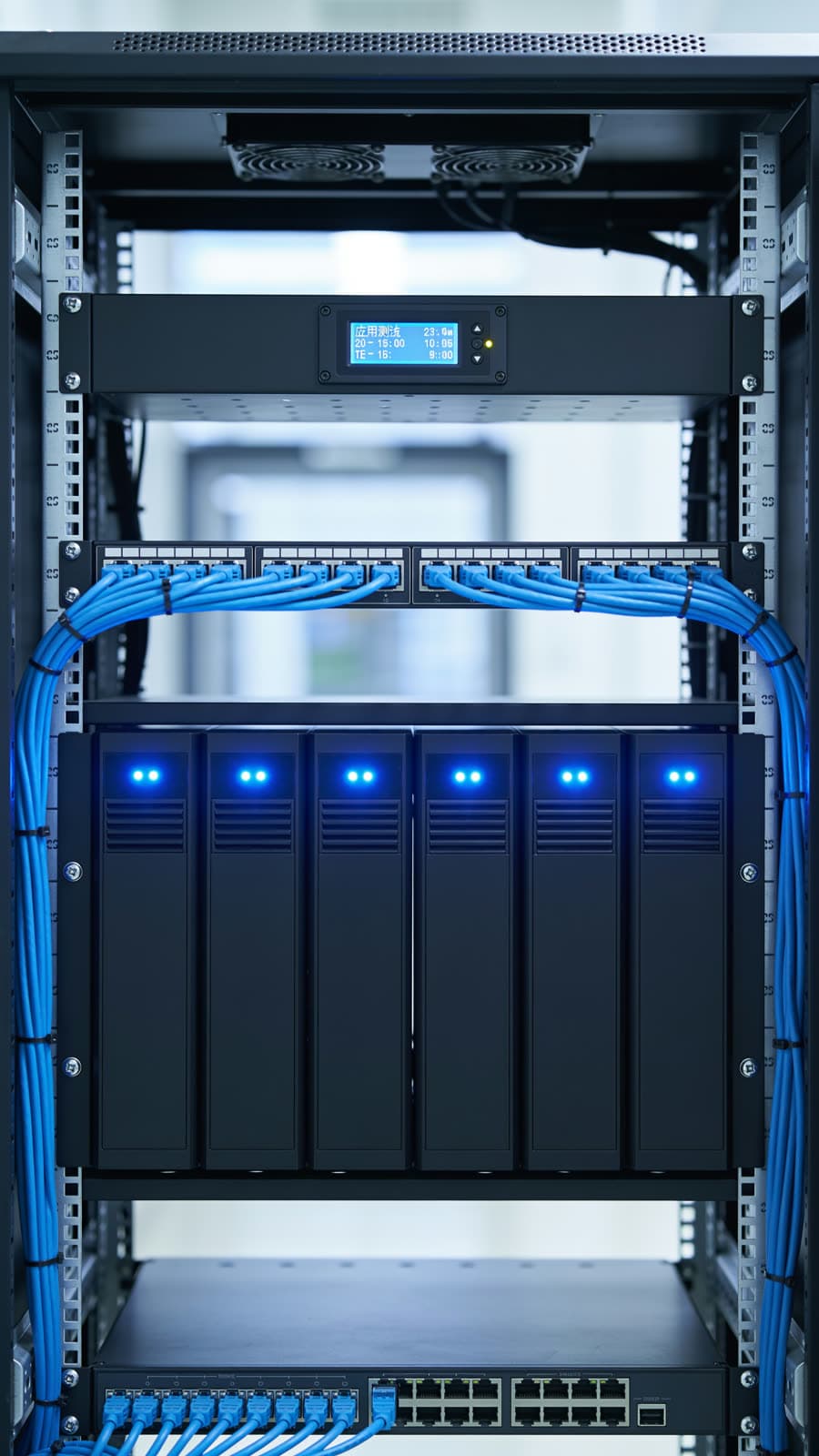 Serverschrank mit blau leuchtenden Geräten