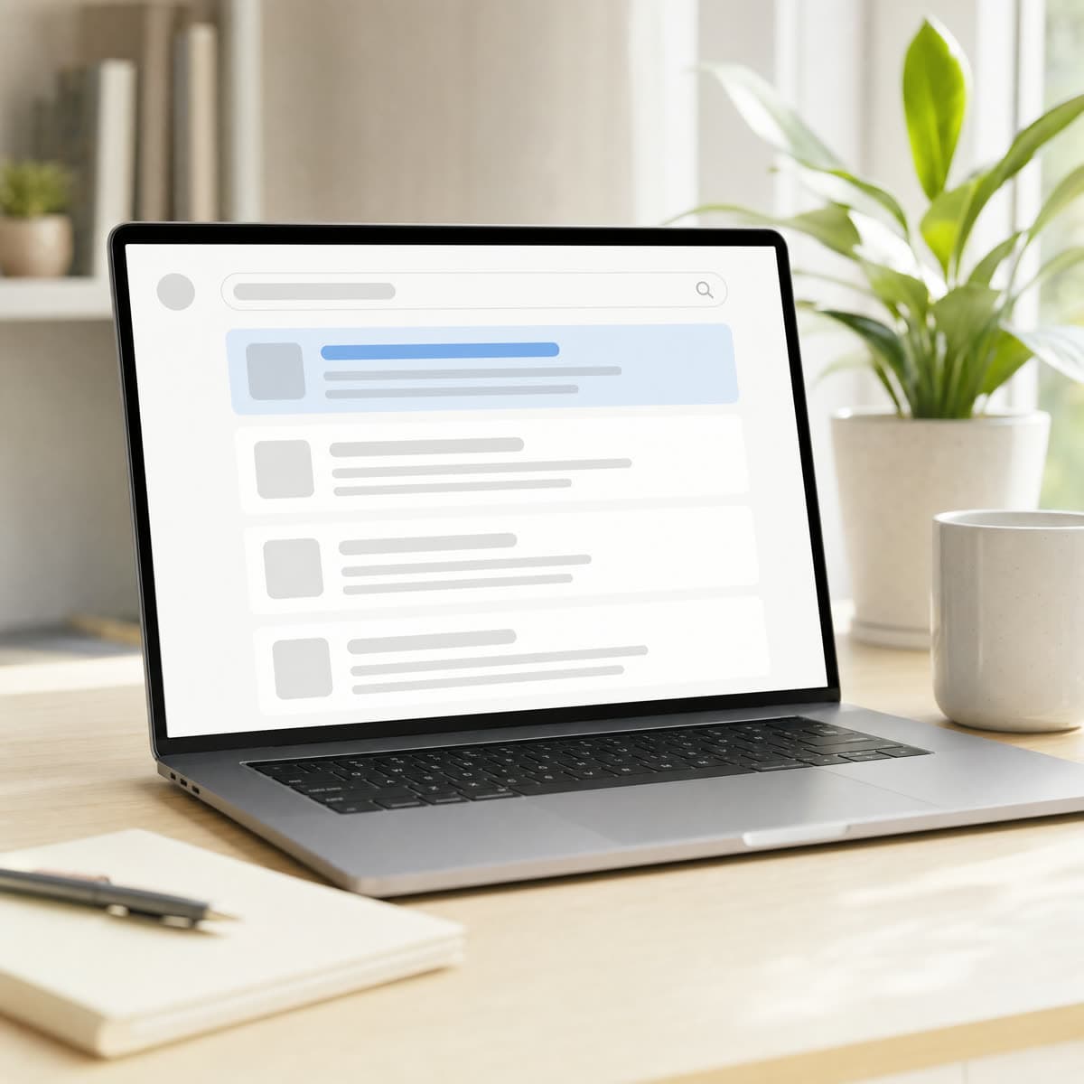 Laptop mit einer Suchergebnisliste, der erste Treffer hervorgehoben