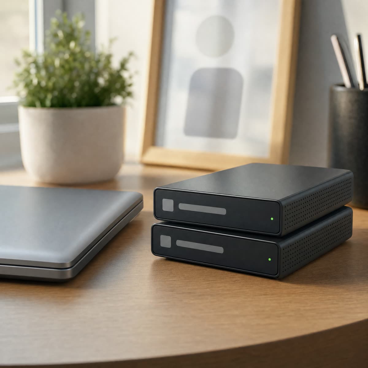 Zwei externe Festplatten neben einem geschlossenen Laptop