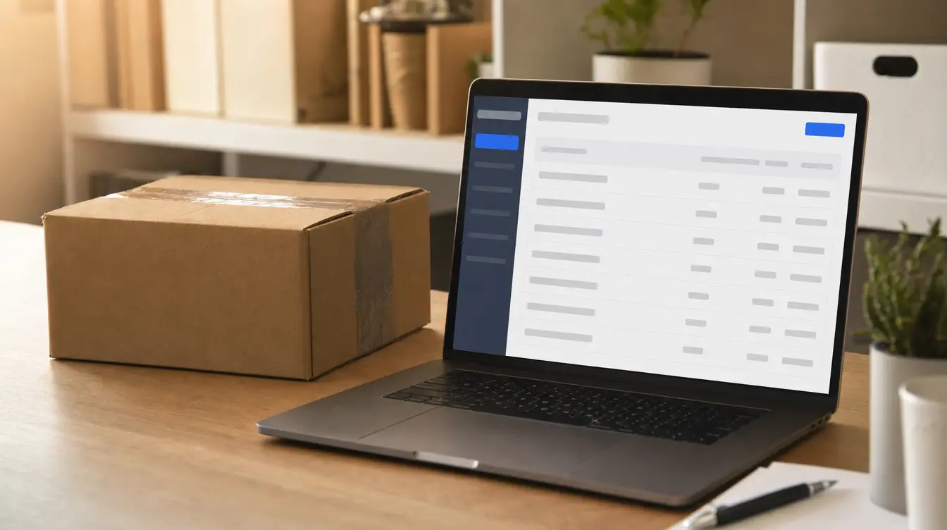 Versandkarton neben einem Laptop mit einer Bestellübersicht