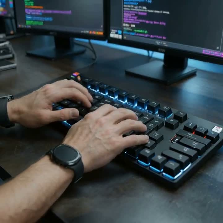 Hände auf einer Tastatur vor zwei Bildschirmen mit Code