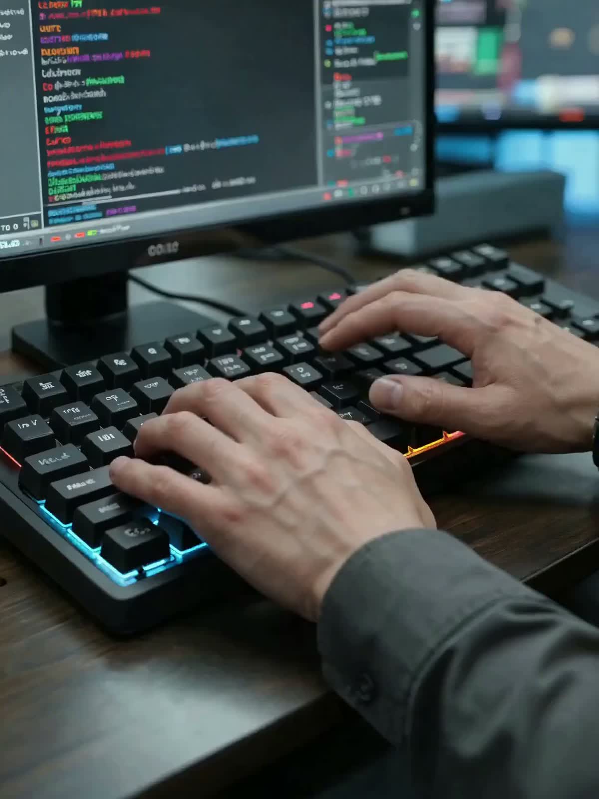 Hände auf einer Tastatur vor einem Bildschirm mit Code