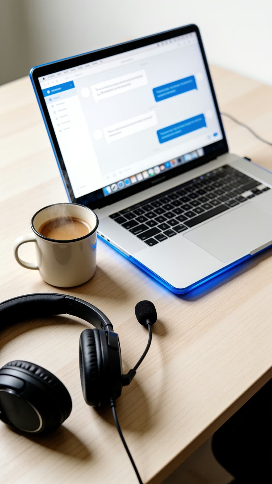 Laptop auf einem Schreibtisch, daneben eine Tasse und ein Headset