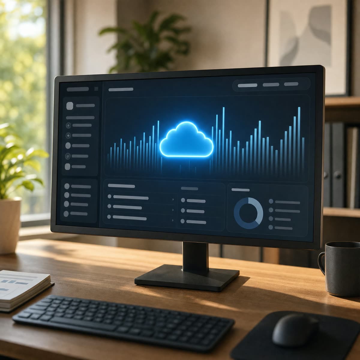 Wolkensymbol, umgeben von unterschiedlich hohen Balken