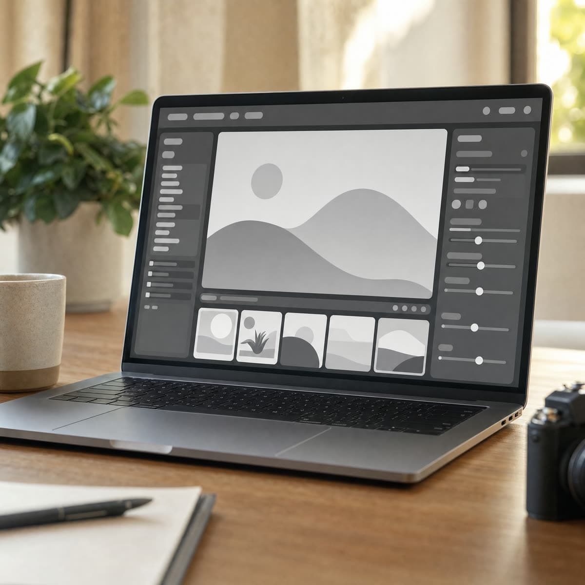 Laptop mit einer Bildbearbeitung und mehreren Vorschaubildern