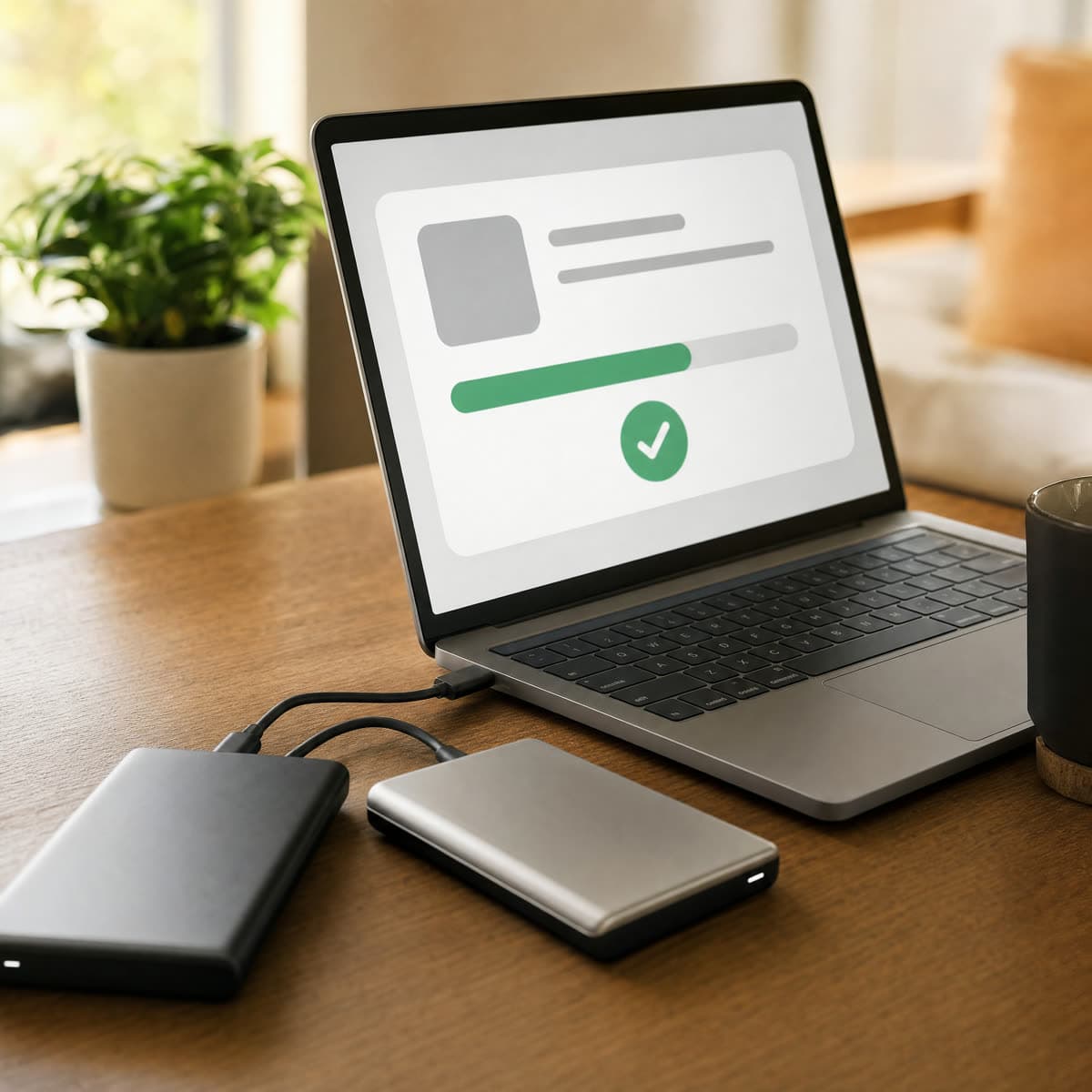Zwei externe Festplatten neben einem Laptop