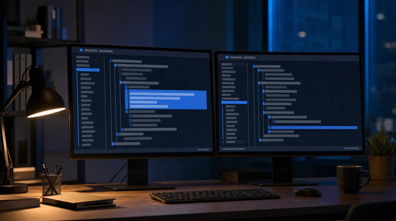 Zwei Bildschirme mit Code in einem abgedunkelten Büro